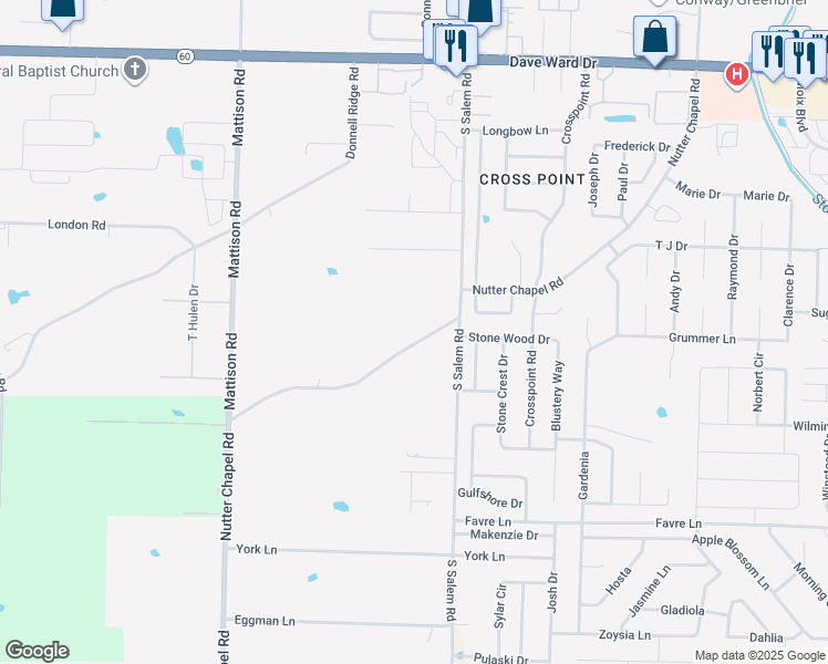 map of restaurants, bars, coffee shops, grocery stores, and more near 2930 Nutter Chapel Road in Conway