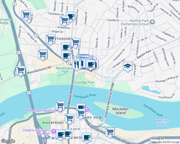 map of restaurants, bars, coffee shops, grocery stores, and more near 120 Forest Avenue in Chattanooga