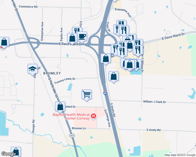map of restaurants, bars, coffee shops, grocery stores, and more near 1355 Exchange Avenue in Conway