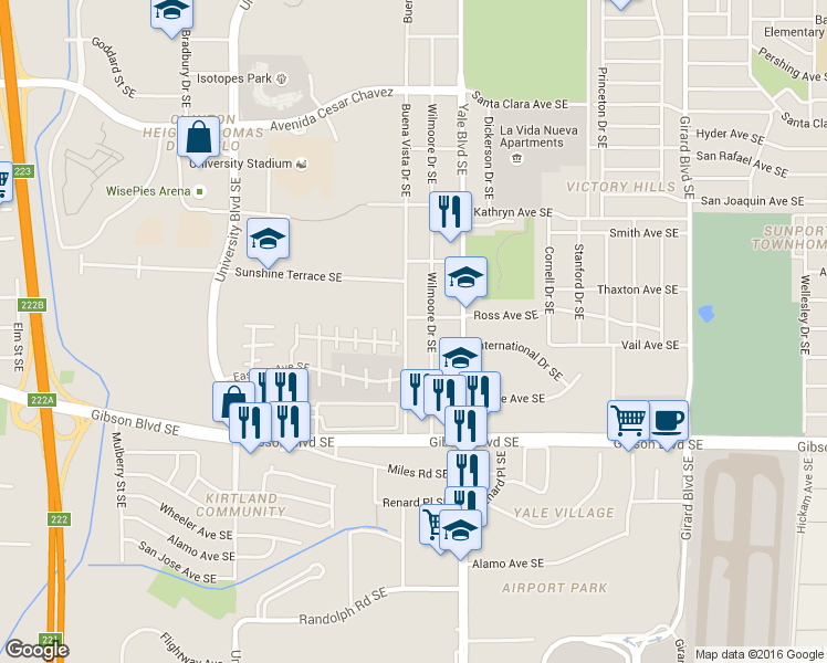 map of restaurants, bars, coffee shops, grocery stores, and more near 1710 Mesa Street Southeast in Albuquerque