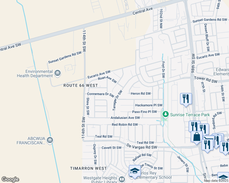 map of restaurants, bars, coffee shops, grocery stores, and more near 700 Thoroughbred Drive Southwest in Albuquerque