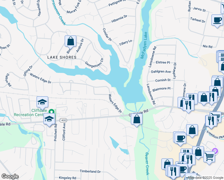 map of restaurants, bars, coffee shops, grocery stores, and more near 5724 Waters Edge Drive in Fayetteville