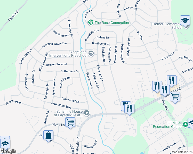 map of restaurants, bars, coffee shops, grocery stores, and more near 7465 Fairpoint Road in Fayetteville
