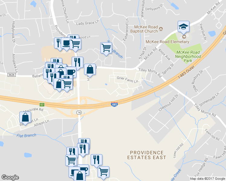 map of restaurants, bars, coffee shops, grocery stores, and more near 11112 Saintsbury Place in Charlotte