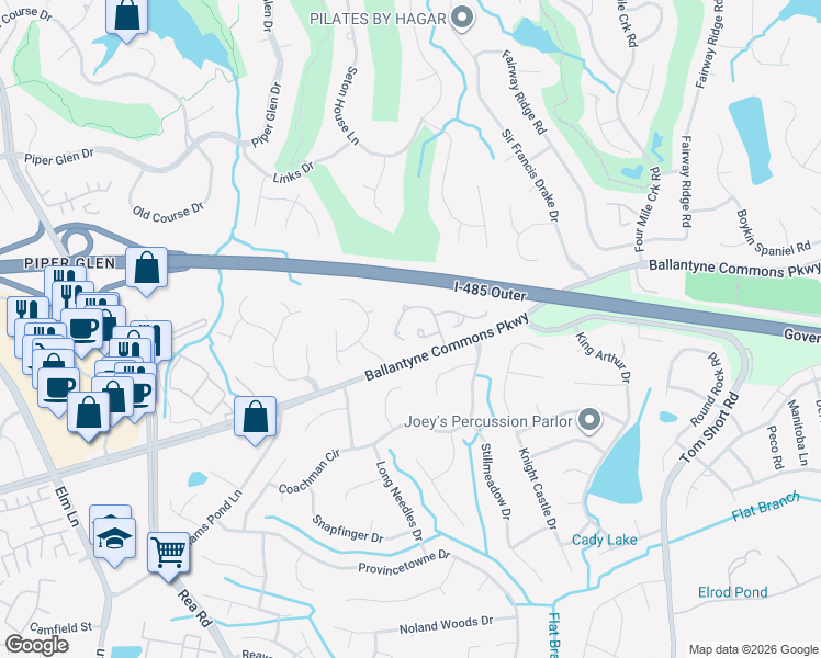 map of restaurants, bars, coffee shops, grocery stores, and more near 10520 Pullengreen Drive in Charlotte