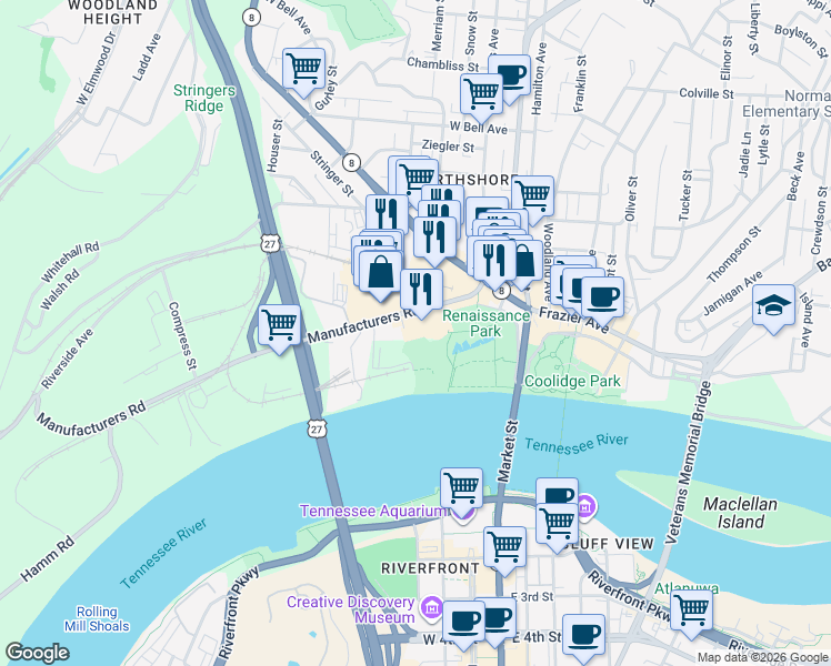 map of restaurants, bars, coffee shops, grocery stores, and more near 200 Manufacturers Road in Chattanooga