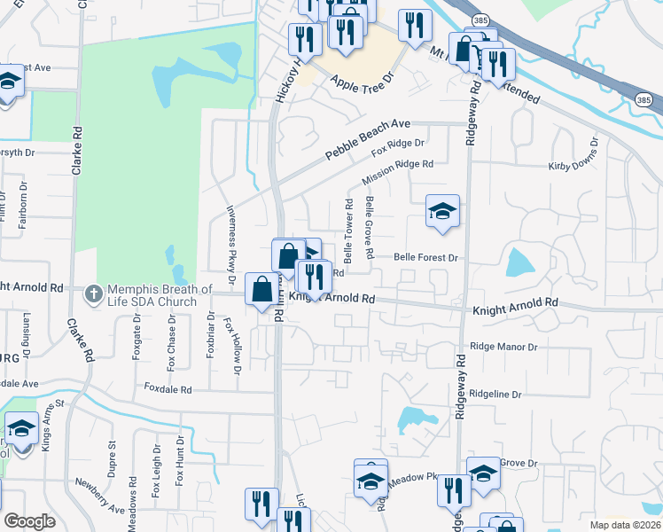 map of restaurants, bars, coffee shops, grocery stores, and more near 5983 Ponderosa Pine Trail in Memphis