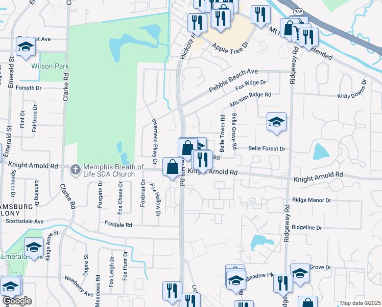 map of restaurants, bars, coffee shops, grocery stores, and more near 3158 Tulip Poplar Drive in Memphis