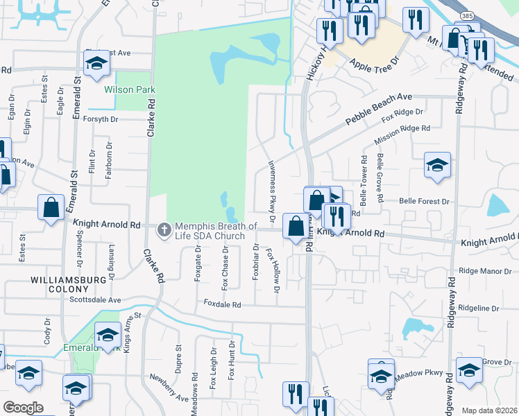map of restaurants, bars, coffee shops, grocery stores, and more near 3161 Glen Echo Drive in Memphis