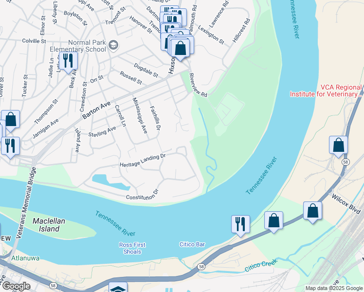 map of restaurants, bars, coffee shops, grocery stores, and more near 1014 Ariel Lane in Chattanooga