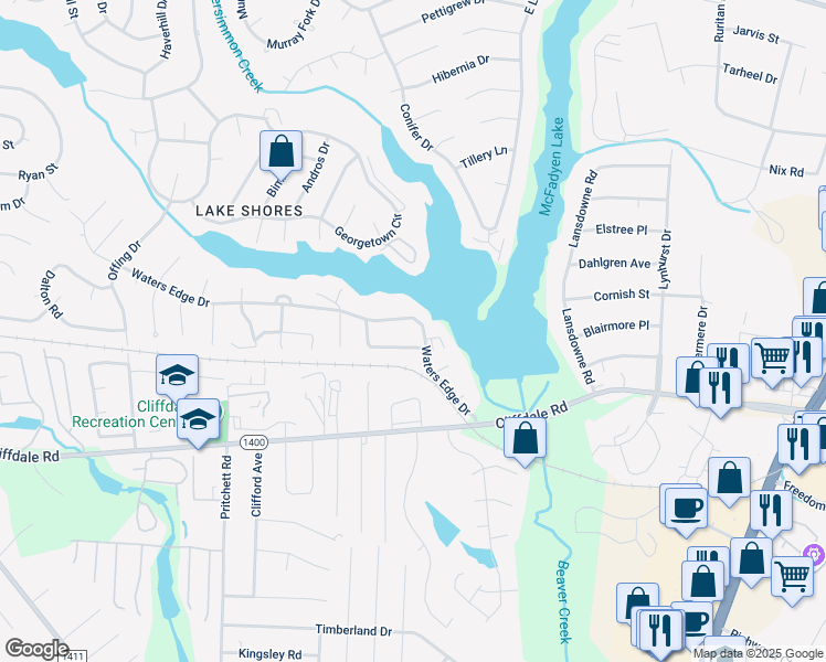 map of restaurants, bars, coffee shops, grocery stores, and more near 5721 Waters Edge Drive in Fayetteville