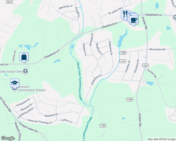 map of restaurants, bars, coffee shops, grocery stores, and more near 1024 Westbury Drive in Matthews