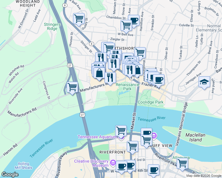 map of restaurants, bars, coffee shops, grocery stores, and more near 200 Manufacturers Road in Chattanooga