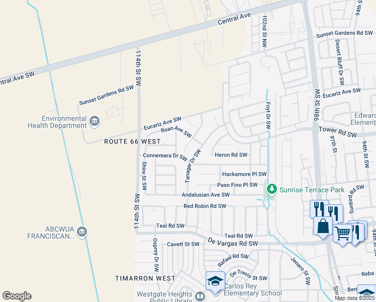 map of restaurants, bars, coffee shops, grocery stores, and more near 720 Thoroughbred Drive Southwest in Albuquerque