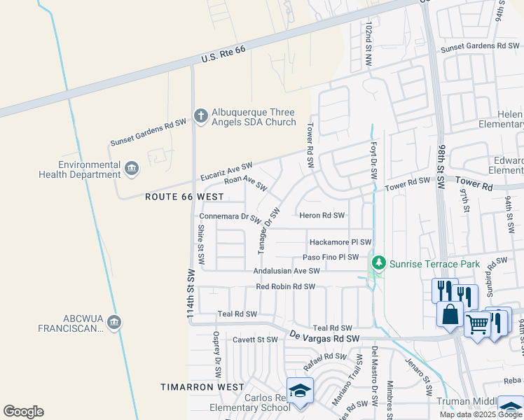 map of restaurants, bars, coffee shops, grocery stores, and more near 720 Thoroughbred Drive Southwest in Albuquerque