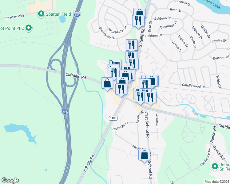 map of restaurants, bars, coffee shops, grocery stores, and more near 7124 Cliffdale Road in Fayetteville