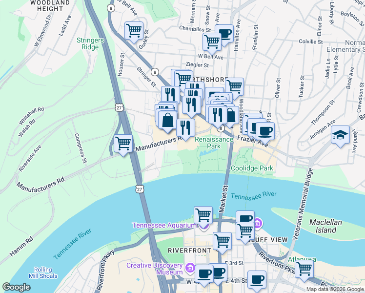 map of restaurants, bars, coffee shops, grocery stores, and more near 200 Manufacturers Road in Chattanooga