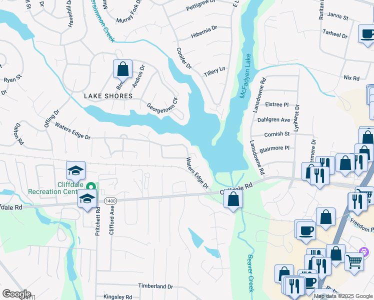 map of restaurants, bars, coffee shops, grocery stores, and more near 5721 Waters Edge Drive in Fayetteville