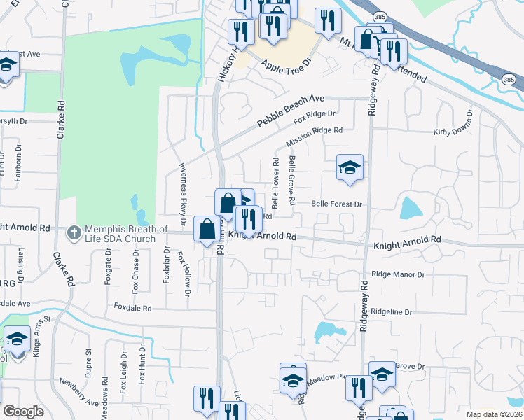 map of restaurants, bars, coffee shops, grocery stores, and more near 5983 Ponderosa Pine Trail in Memphis