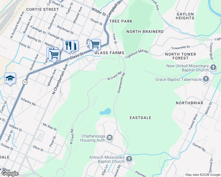 map of restaurants, bars, coffee shops, grocery stores, and more near 614 North Crest Road in Chattanooga