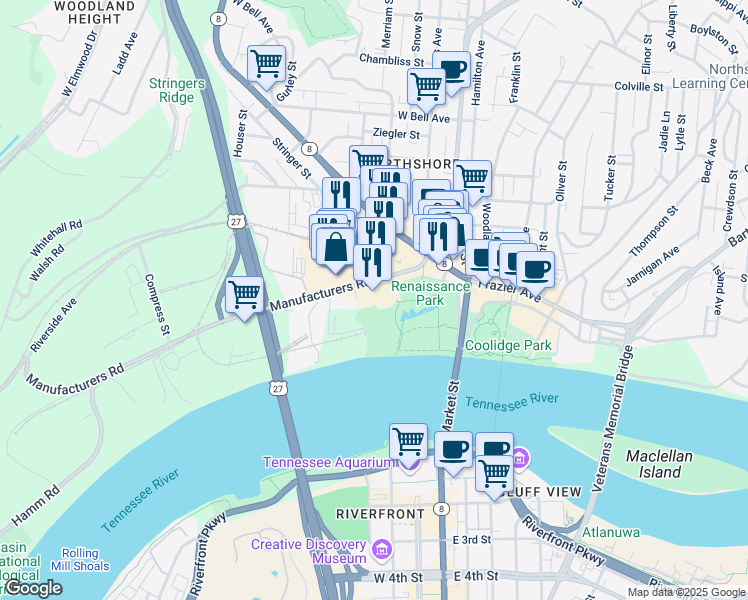 map of restaurants, bars, coffee shops, grocery stores, and more near 200 Manufacturers Road in Chattanooga