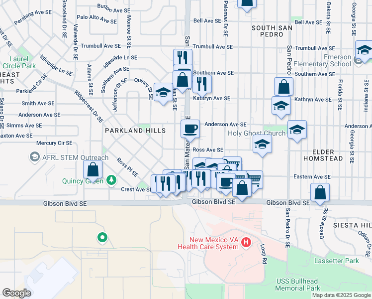 map of restaurants, bars, coffee shops, grocery stores, and more near Ross Ave SE & San Mateo Blvd SE in Albuquerque