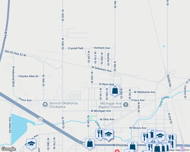 map of restaurants, bars, coffee shops, grocery stores, and more near 928 North 12th Street in Chickasha