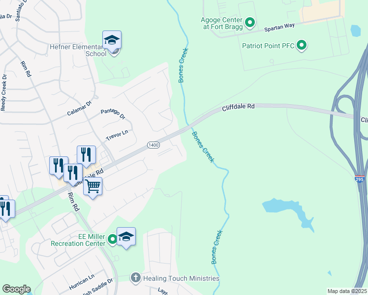 map of restaurants, bars, coffee shops, grocery stores, and more near 1014 Winward Cove in Fayetteville