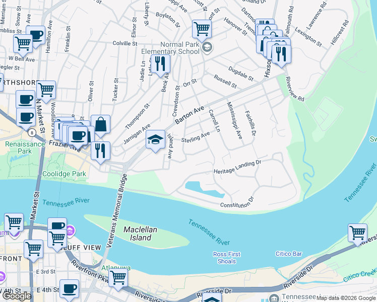 map of restaurants, bars, coffee shops, grocery stores, and more near 510 Sterling Avenue in Chattanooga
