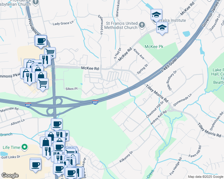 map of restaurants, bars, coffee shops, grocery stores, and more near 10450 Columbia Crest Court in Charlotte