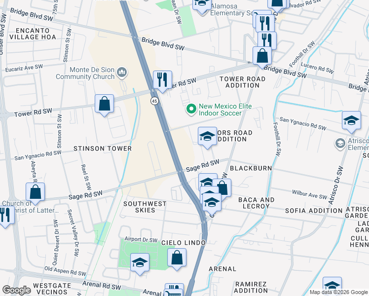 map of restaurants, bars, coffee shops, grocery stores, and more near 3324 San Ygnacio Road Southwest in Albuquerque