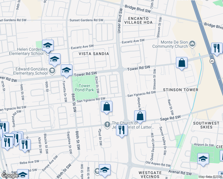 map of restaurants, bars, coffee shops, grocery stores, and more near 739 Noah Avenue Southwest in Albuquerque