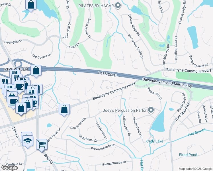 map of restaurants, bars, coffee shops, grocery stores, and more near 10520 Pullengreen Drive in Charlotte