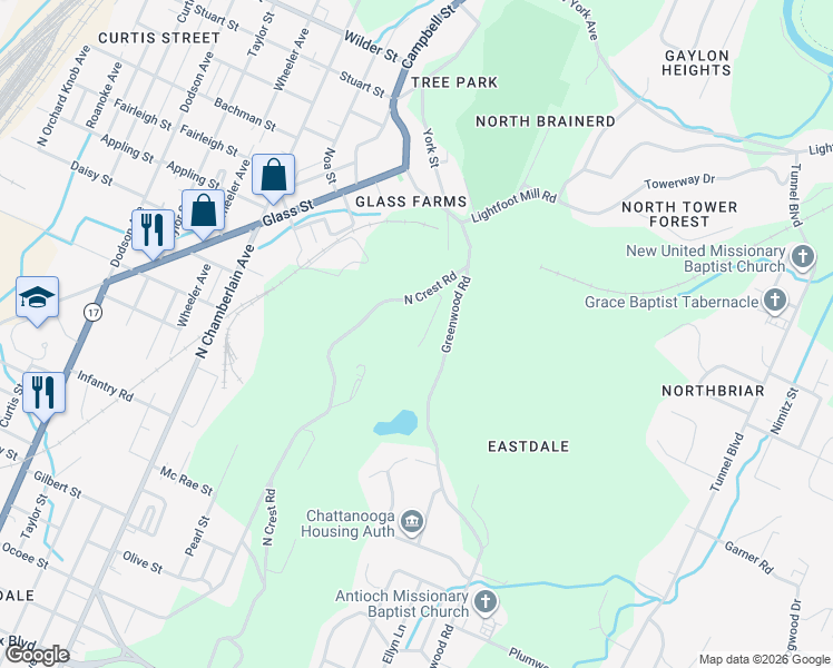 map of restaurants, bars, coffee shops, grocery stores, and more near 614 North Crest Road in Chattanooga