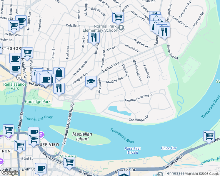 map of restaurants, bars, coffee shops, grocery stores, and more near 510 Sterling Avenue in Chattanooga