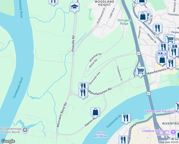 map of restaurants, bars, coffee shops, grocery stores, and more near 305 Walsh Road in Chattanooga