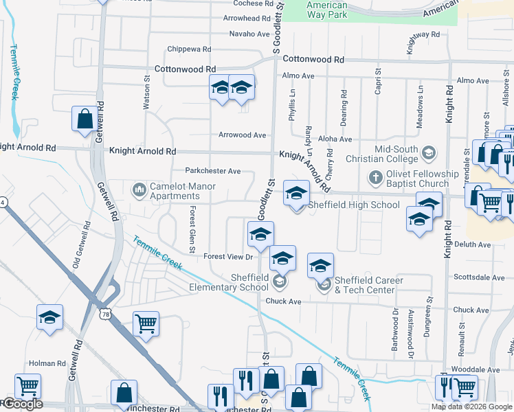 map of restaurants, bars, coffee shops, grocery stores, and more near 3161 South Goodlett Street in Memphis