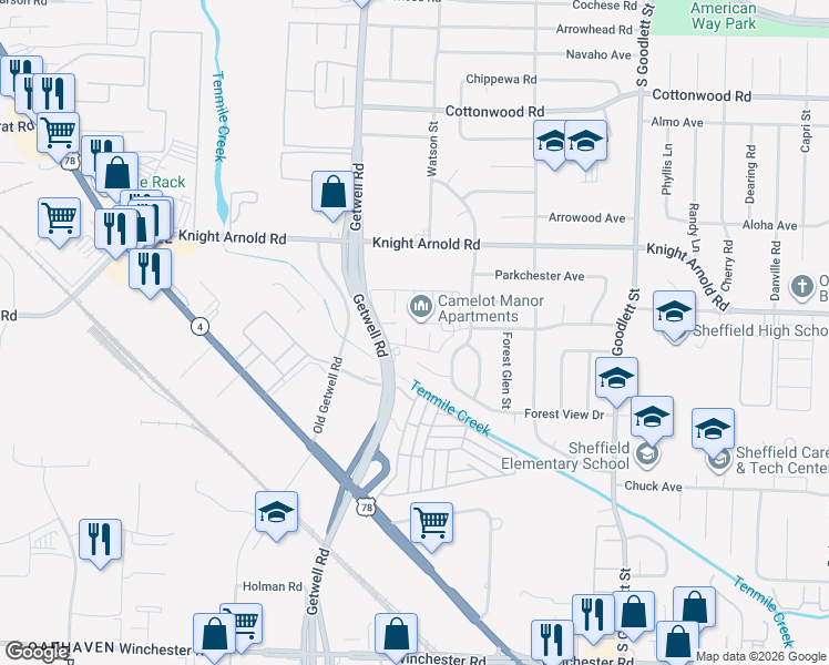 map of restaurants, bars, coffee shops, grocery stores, and more near 4024 Camelot Lane in Memphis