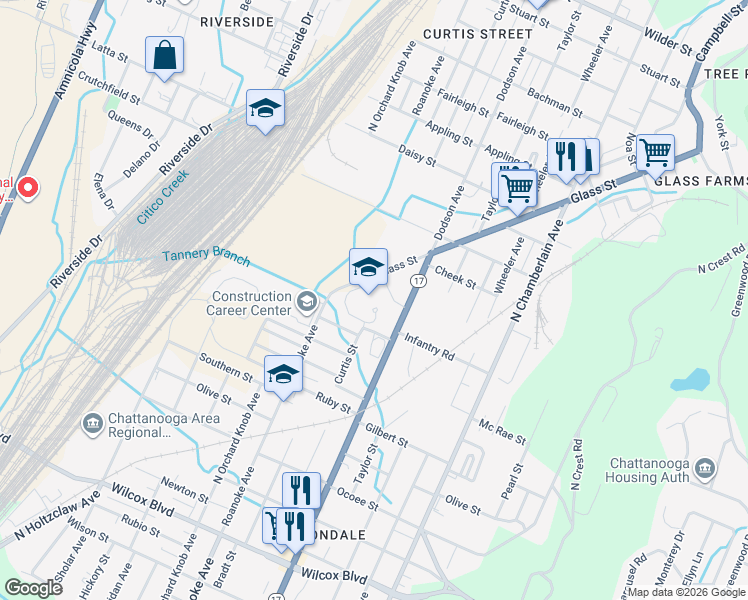 map of restaurants, bars, coffee shops, grocery stores, and more near 2115 Dodson Avenue in Chattanooga