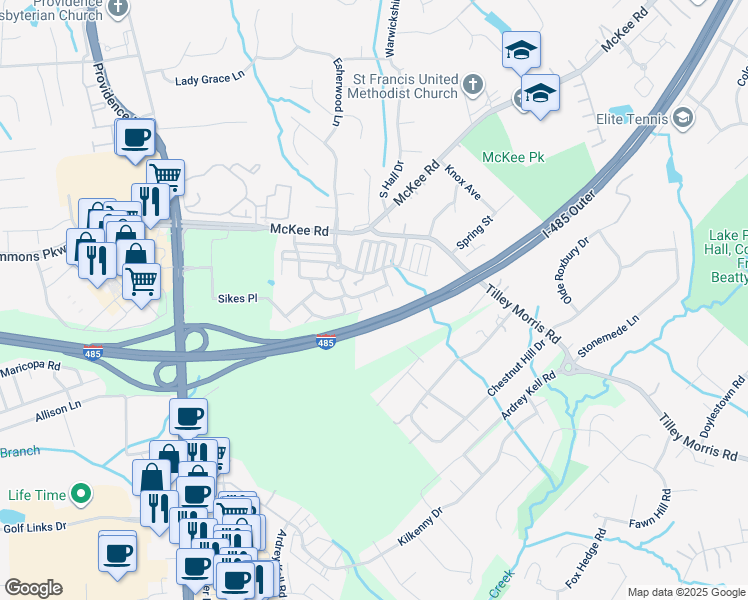 map of restaurants, bars, coffee shops, grocery stores, and more near 11316 Morgan Valley Lane in Charlotte