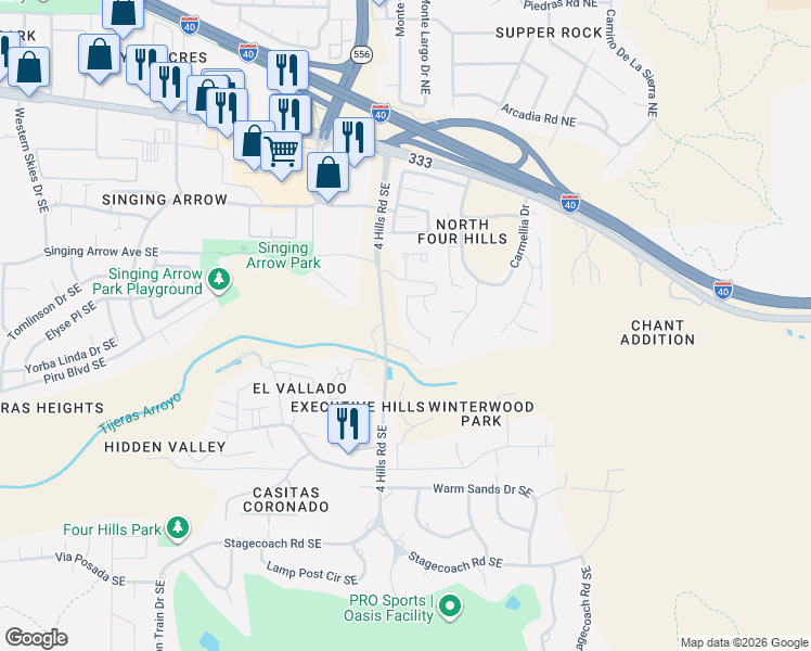 map of restaurants, bars, coffee shops, grocery stores, and more near 430 Pinon Creek Road Southeast in Albuquerque