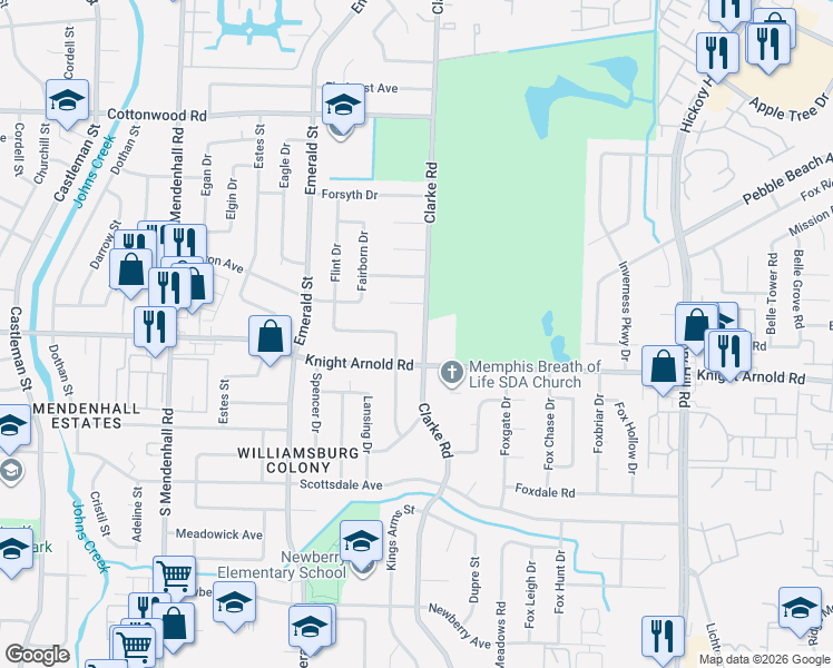 map of restaurants, bars, coffee shops, grocery stores, and more near 5592 Fannin Avenue in Memphis