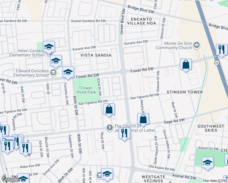 map of restaurants, bars, coffee shops, grocery stores, and more near 739 Noah Avenue Southwest in Albuquerque