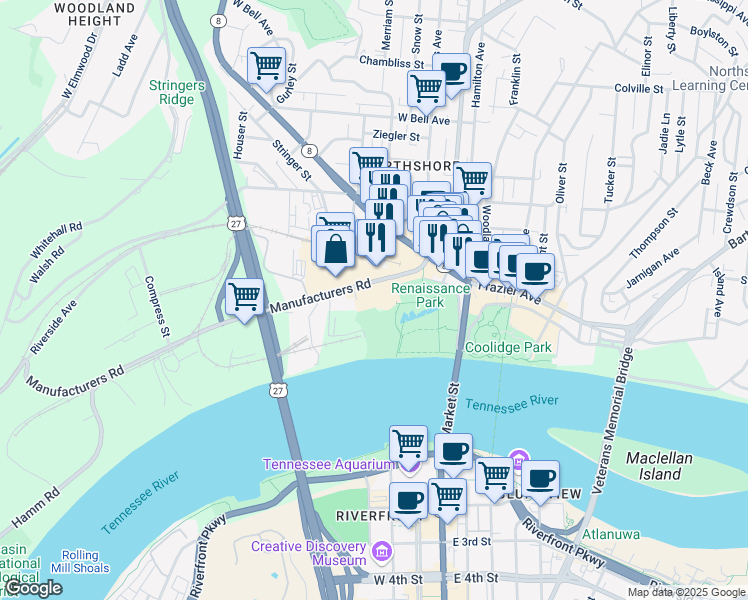 map of restaurants, bars, coffee shops, grocery stores, and more near 200 Manufacturers Road in Chattanooga