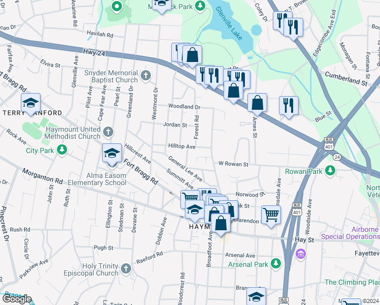 map of restaurants, bars, coffee shops, grocery stores, and more near 414 Park Avenue in Fayetteville