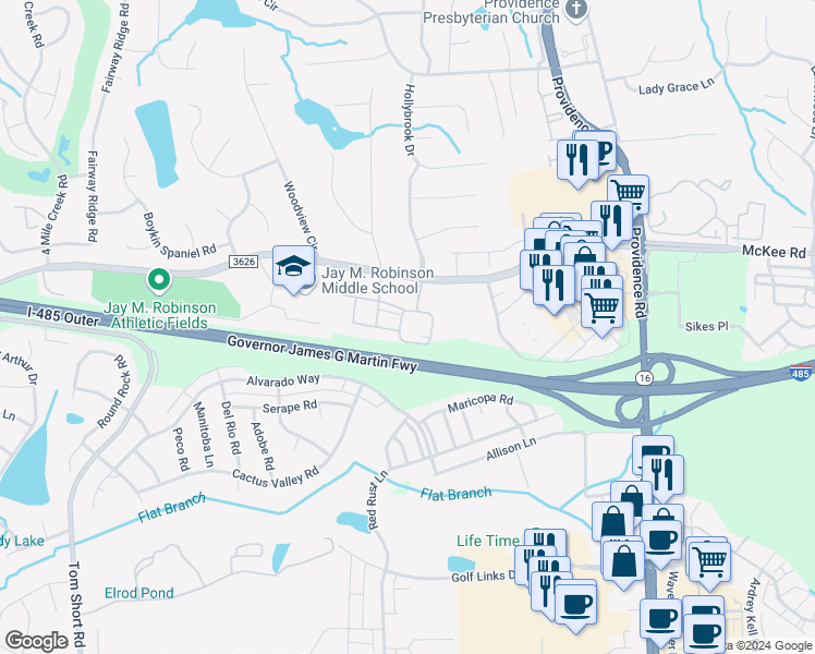 map of restaurants, bars, coffee shops, grocery stores, and more near 10911 Shadow Grove Circle in Charlotte