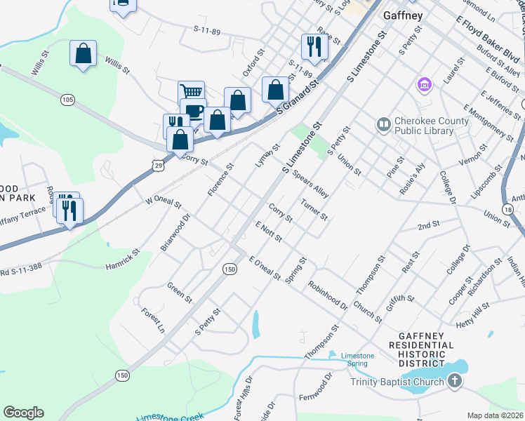 map of restaurants, bars, coffee shops, grocery stores, and more near 800 South Limestone Street in Gaffney