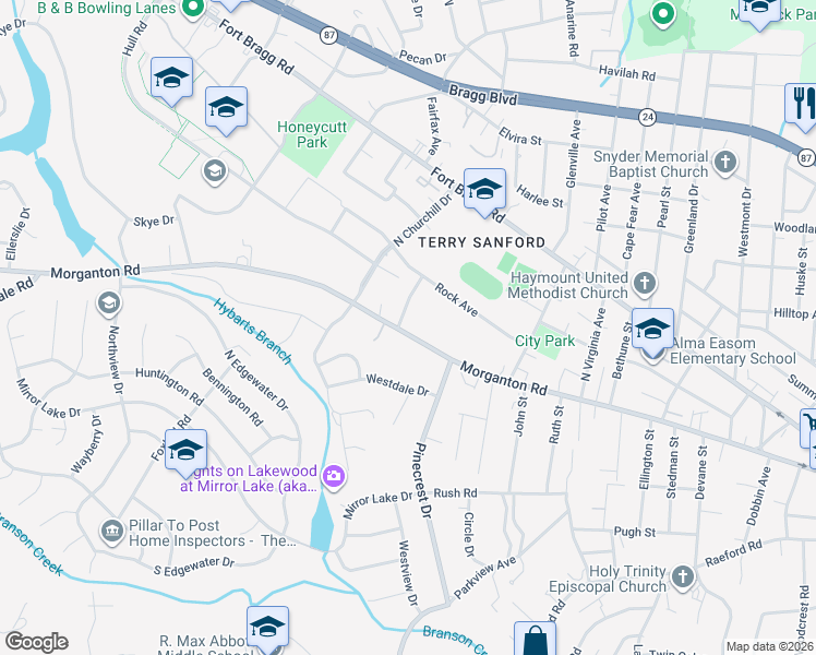 map of restaurants, bars, coffee shops, grocery stores, and more near 2304 Morganton Road in Fayetteville