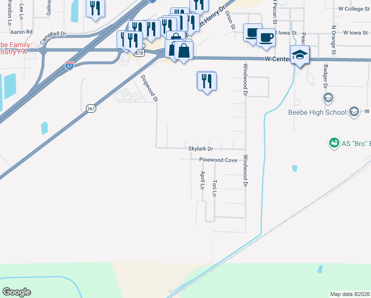 map of restaurants, bars, coffee shops, grocery stores, and more near 606 Sandy Drive in Beebe