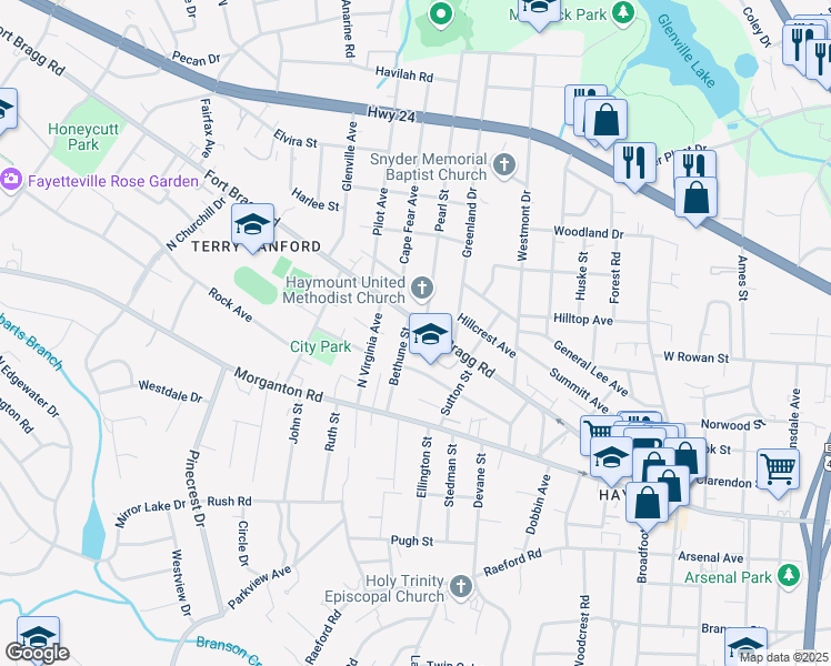 map of restaurants, bars, coffee shops, grocery stores, and more near 1705 Fort Bragg Road in Fayetteville